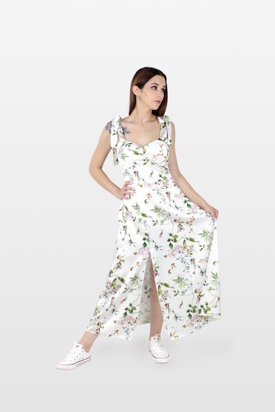 Vestido midi de alças em laço e padrão florido branco.