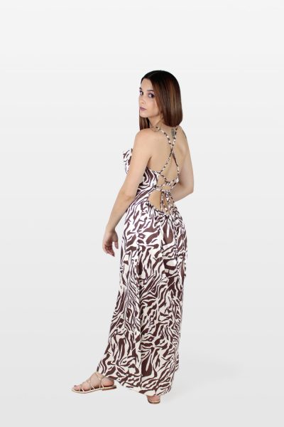 Vestido midi acetinado com padrão zebra castanho.